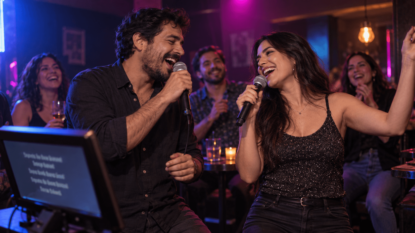 Escena ilustrativa de dos adultos cantando karaoke a dúo