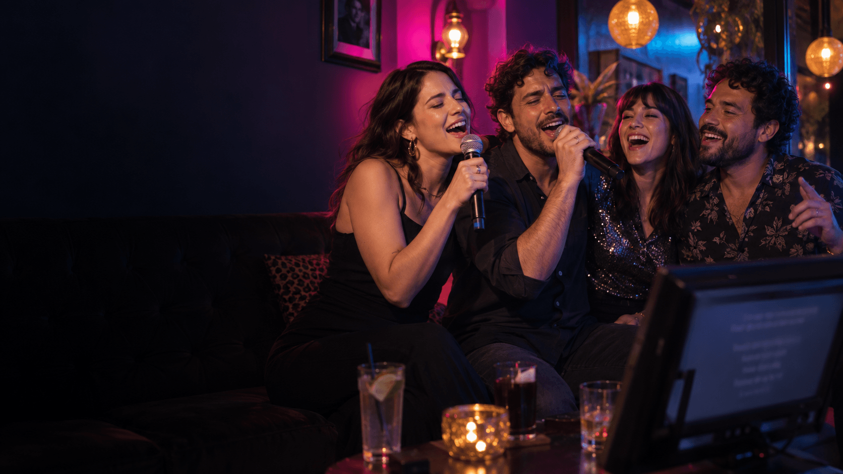 Escena ilustrativa de cuatro amigos cantando juntos un coro de karaoke